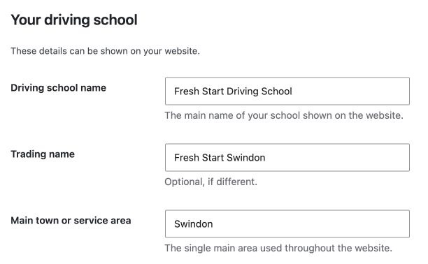 Actual DSW administration screenshot showing sample school name, trading name and main town fields.