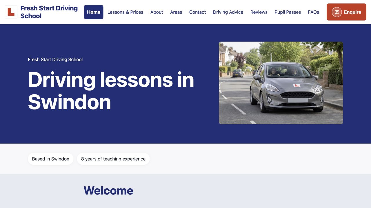Actual desktop screenshot of the Fresh Start demonstration driving school website, showing the school name, learner-car photograph and introduction.