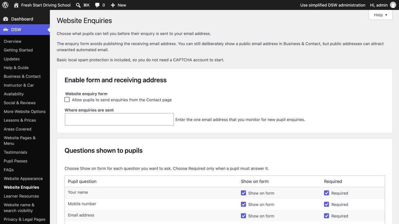 DSW Website Enquiries screen showing the enable checkbox and Where enquiries are sent field