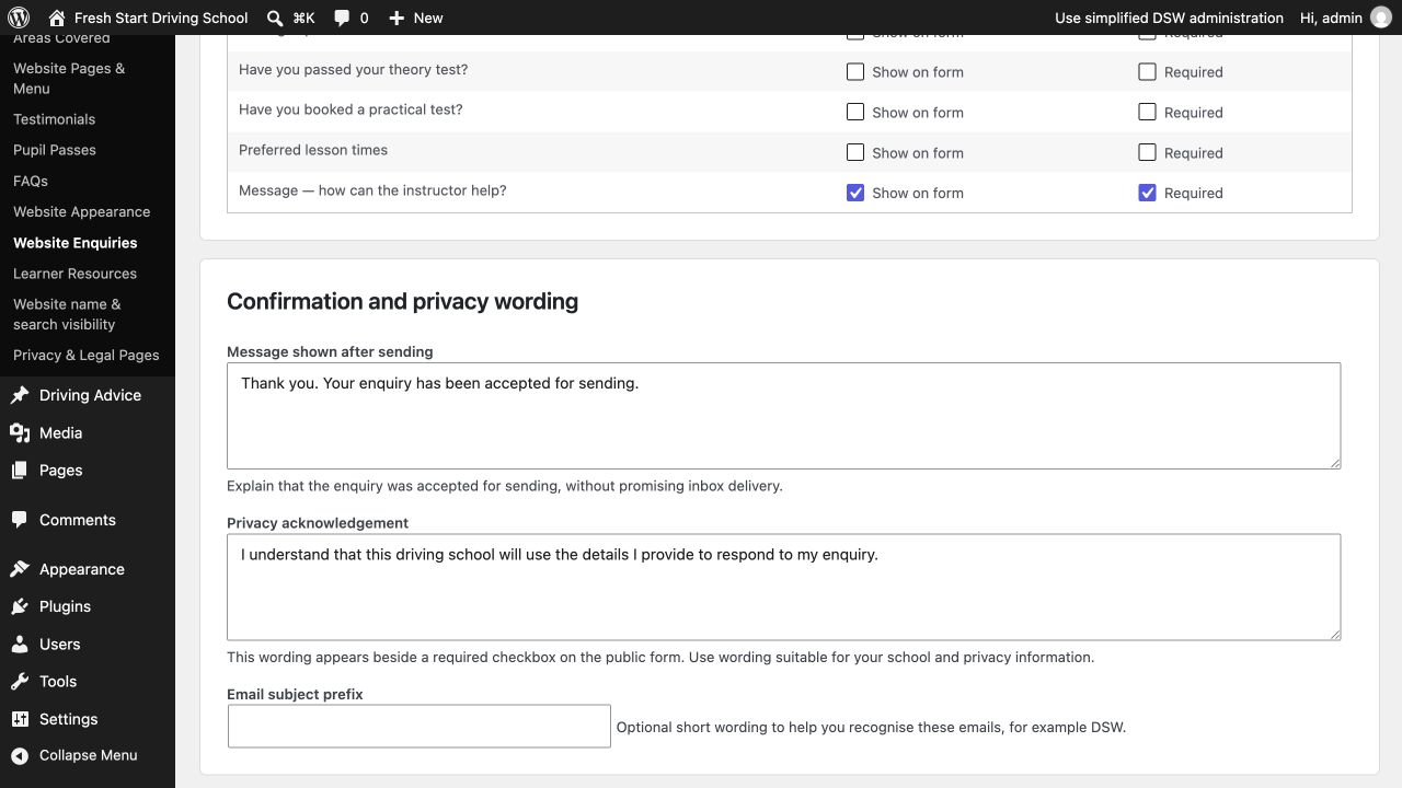 DSW enquiry confirmation message, privacy acknowledgement and email subject prefix fields