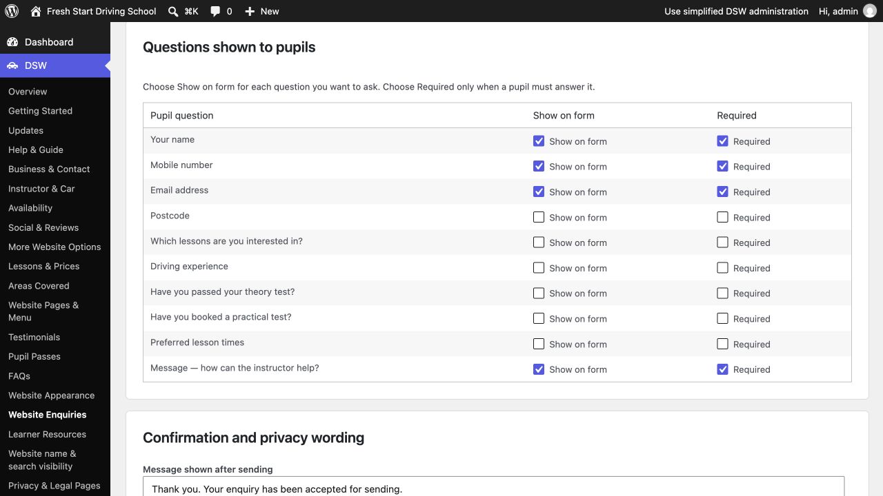 Questions shown to pupils with separate Show on form and Required checkboxes