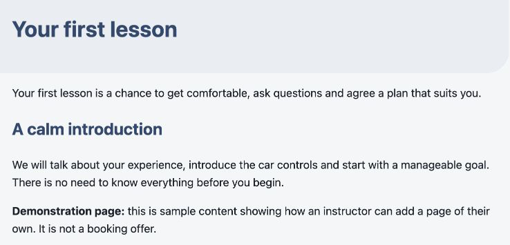 Fictional Your first lesson page with a short introduction and A calm introduction section