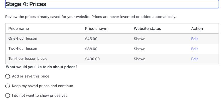 Example saved prices and the choices to add a price, keep saved prices or not show prices yet