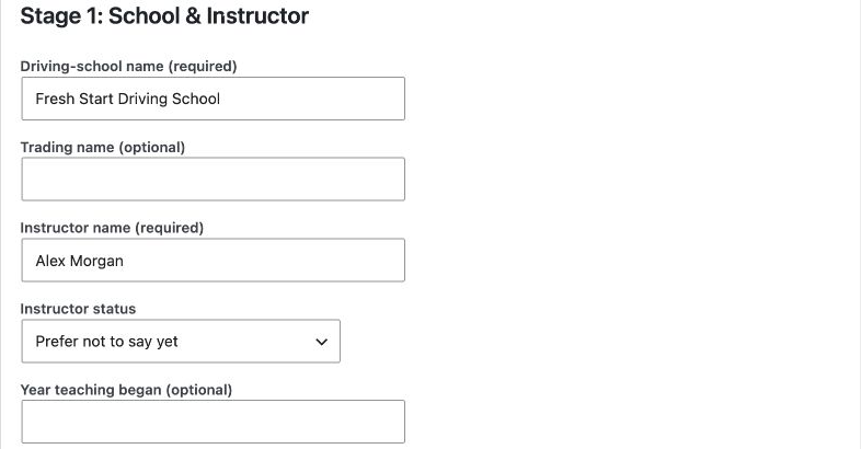 School and instructor fields with fictional Fresh Start Driving School and Alex Morgan example details