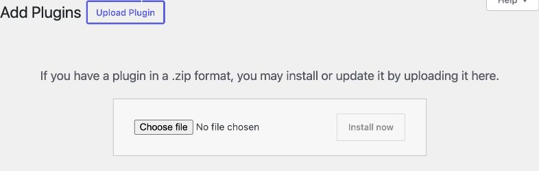 WordPress plugin upload screen with Choose file and Install Now controls